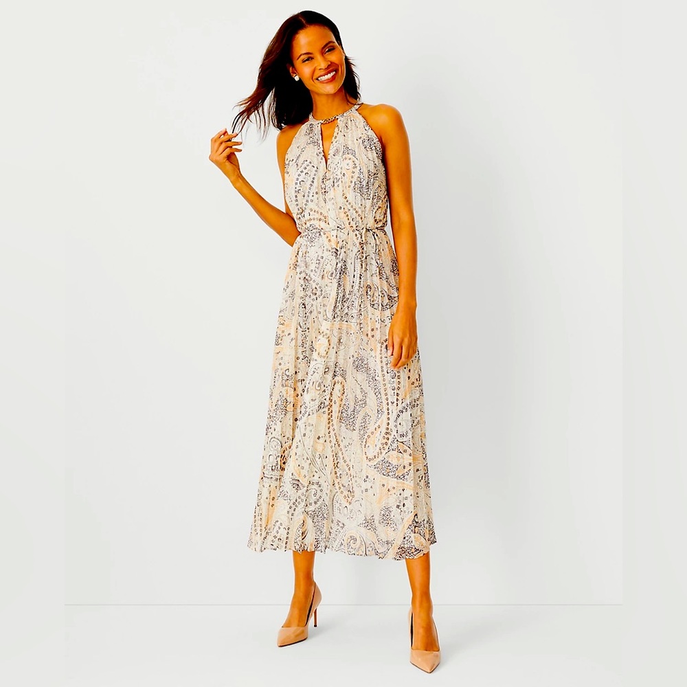 NWT Ann‎ Taylor Paisley Chain Pleated Halter Dress